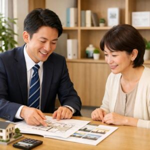 不動産買取DXのスタッフが女性に不動産の売却相談について丁寧に説明している様子